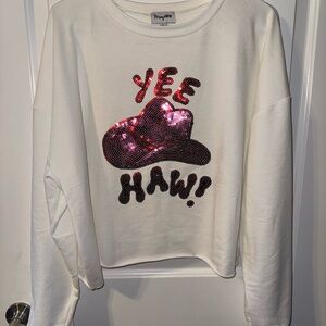 White Yee Haw Sequin Sweatshirt size XL Cowboy hat